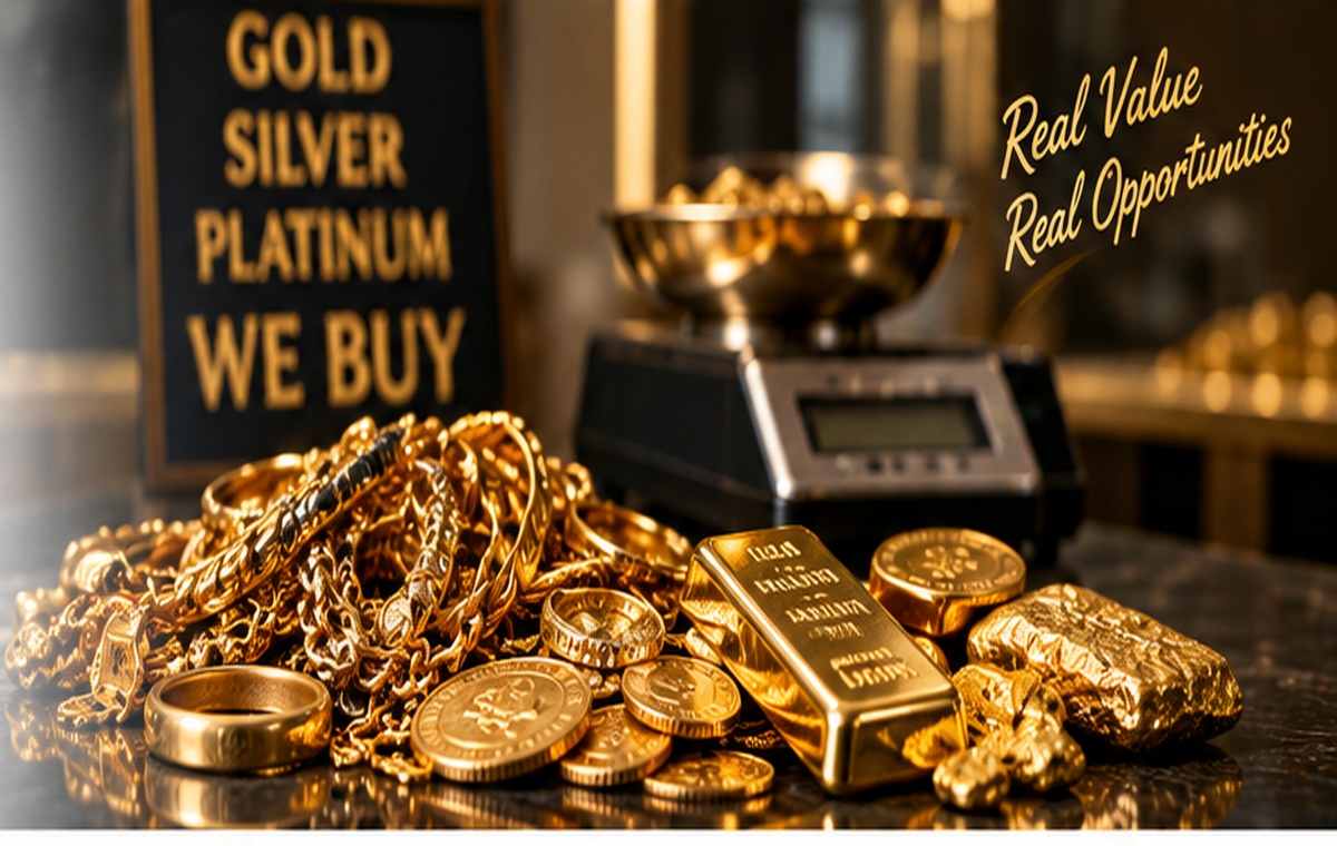 Gold jewelry, coins and bullion at a precious metals buying counter